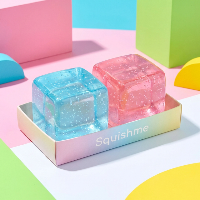 Nice Cube Duo Pack two glossy translucent squishy cubes in Squishme bundle tray